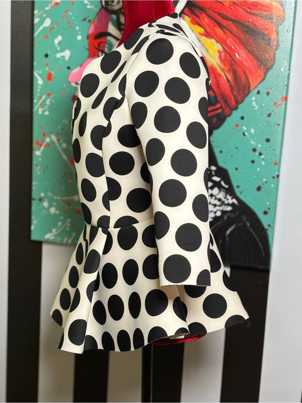 Women's Black & White Polka Dot Peplum Blazer - Picture 3 of 5